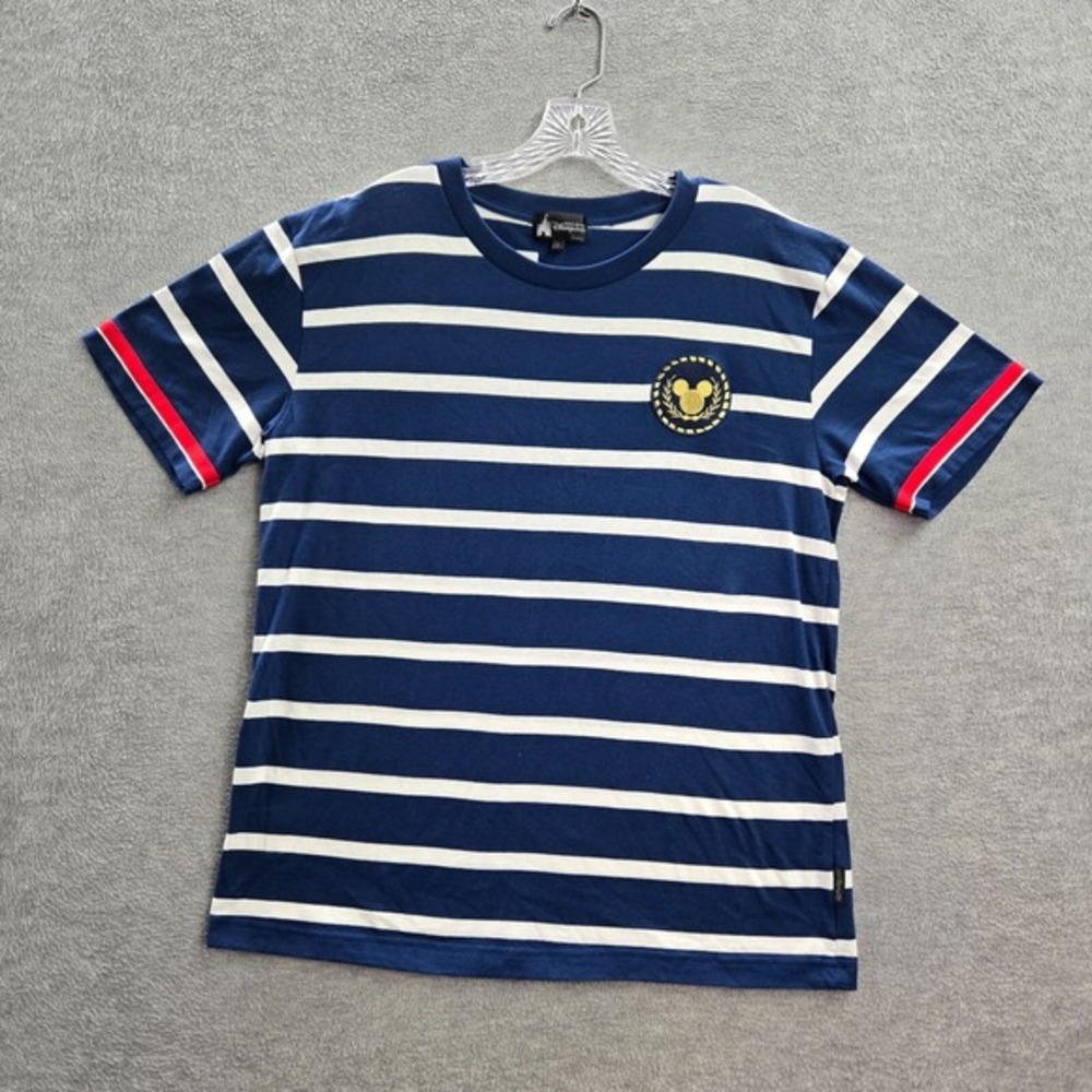 VINTAGE Disneyland Hong Kong Men Shirt Large Blue Striped Logo Embroidered Tee